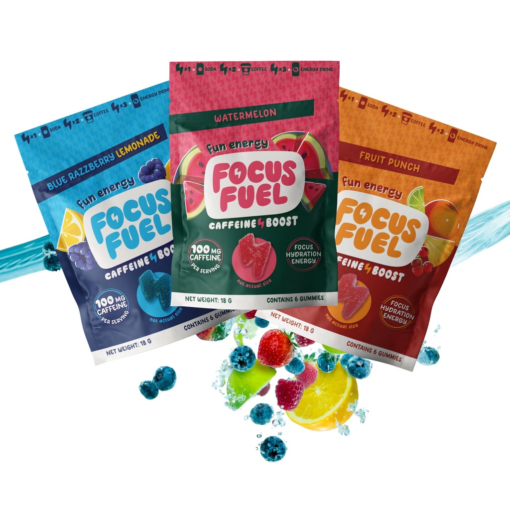 FocusFuel Energy Chews – Trial Size Variety Sample Pack (9 services) – 100mg καφεΐνη + Alpha GPC + L-Θεανίνη + B12, Μαγνήσιο – Μπλε Λεμονάδα Razzberry, Καρπούζι, Φρούτα Punch – Όχι Crash ή Jitters