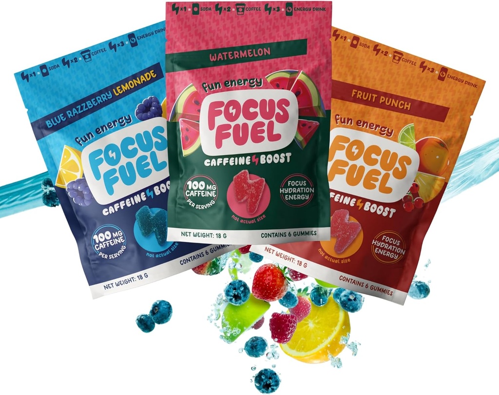 FocusFuel Energy Chews – Trial Size Variety Sample Pack (9 services) – 100mg καφεΐνη + Alpha GPC + L-Θεανίνη + B12, Μαγνήσιο – Μπλε Λεμονάδα Razzberry, Καρπούζι, Φρούτα Punch – Όχι Crash ή Jitters