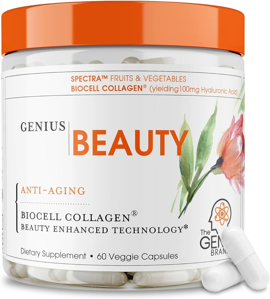 Genius Beauty, Hair Skin & Nails Βιταμίνες, 60 κάψουλες - Αντιοξειδωτικό συμπλήρωμα κατά της γήρανσης, Χάπια υδρολυμένου κολλαγόνου, Γλουταθειόνη & Ασταξανθίνη - Καθαρισμός Detox, ρυτίδες, Hair Growth & Healthy Δέρμα