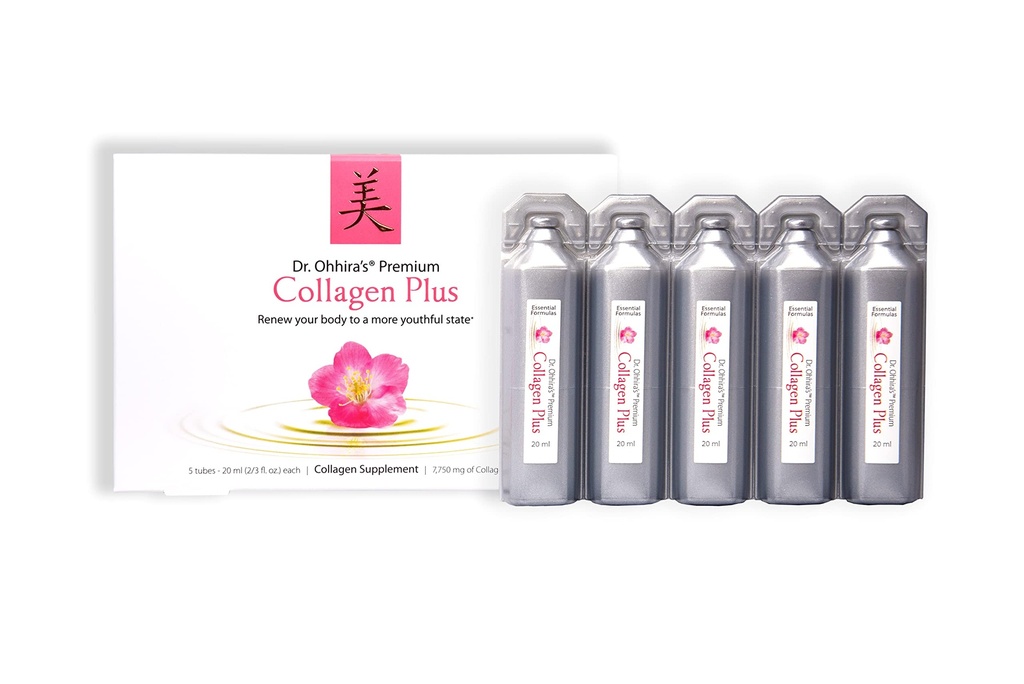 Το Premium Collagen Plus του Δρ. Οχίρα. Ένα υγρό εύκολα αναμιγόμενο συμπλήρωμα κολλαγόνου με 7.750 mg πεπτιδίων θαλάσσιου κολλαγόνου, Plus Cherry Blossom Extract και ένα προβιοτικό συμπύκνωμα φυτού, 5 Pack