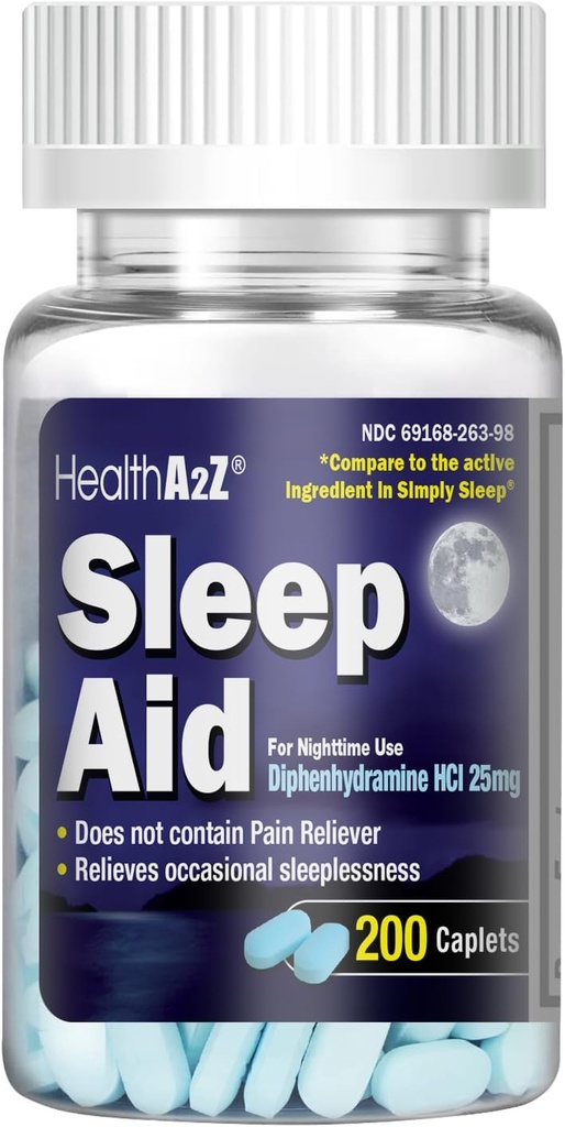 HealthA2Z Sleep Aid 200 Caplets | Diphenhydramine HCl 25mg | Regular Strength Sleeping Pills | Safe & Non-Habit-Forming