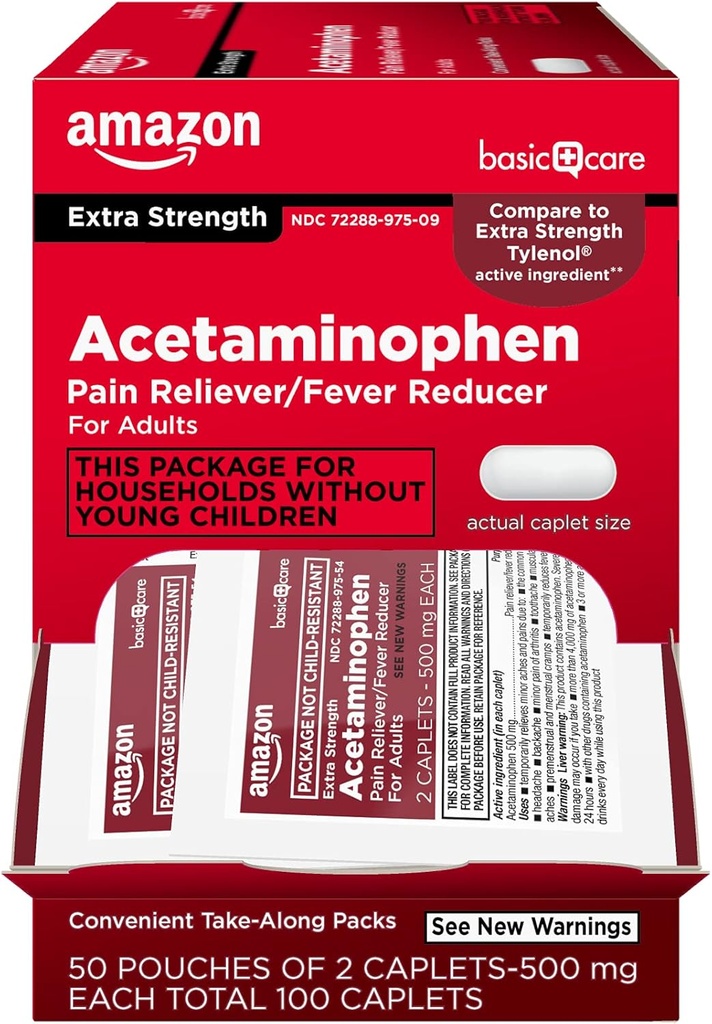 Basic Care - Extra Strength Acetaminophen Caplet 500 mg, 100 Count (50 θήκες των 2 καπέλων)