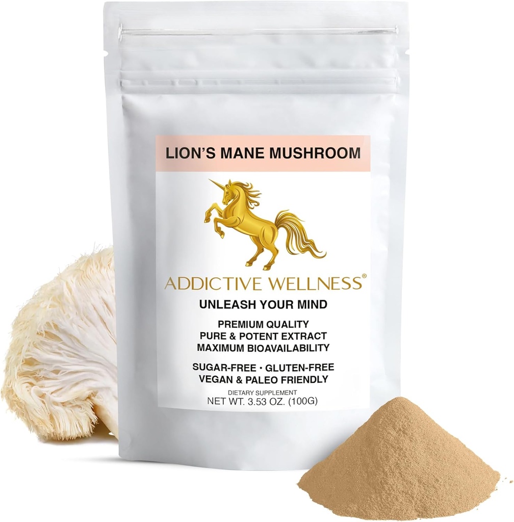 Addicive Wellness Lions Mane Supplement Powder, Premium Quality Lions Mane Mushroom Powder Διπλή-Extract Nootropic, Sugar Free, Vegan & Paleo Lion's Mane Mushroom Supplement - 1500 mg (100 γραμμάρια)