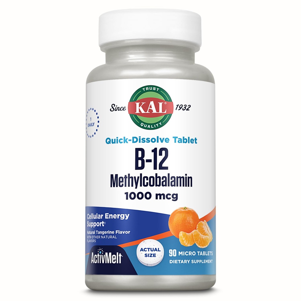 KAL Βιταμίνη B12 Μεθυλοκοβαλαμίνη 1000mcg, Υγιεινή ενέργεια, Μεταβολισμός, Νεύρο & Κόκκινο αίμα Υποστήριξη κυττάρων, * Γρήγορη διάλυση ActivMelt, Βέλτιστη απορρόφηση, Φυσική γεύση ταμπερίνης, 90 εξυπηρετήσεις, 90 micro Tabs