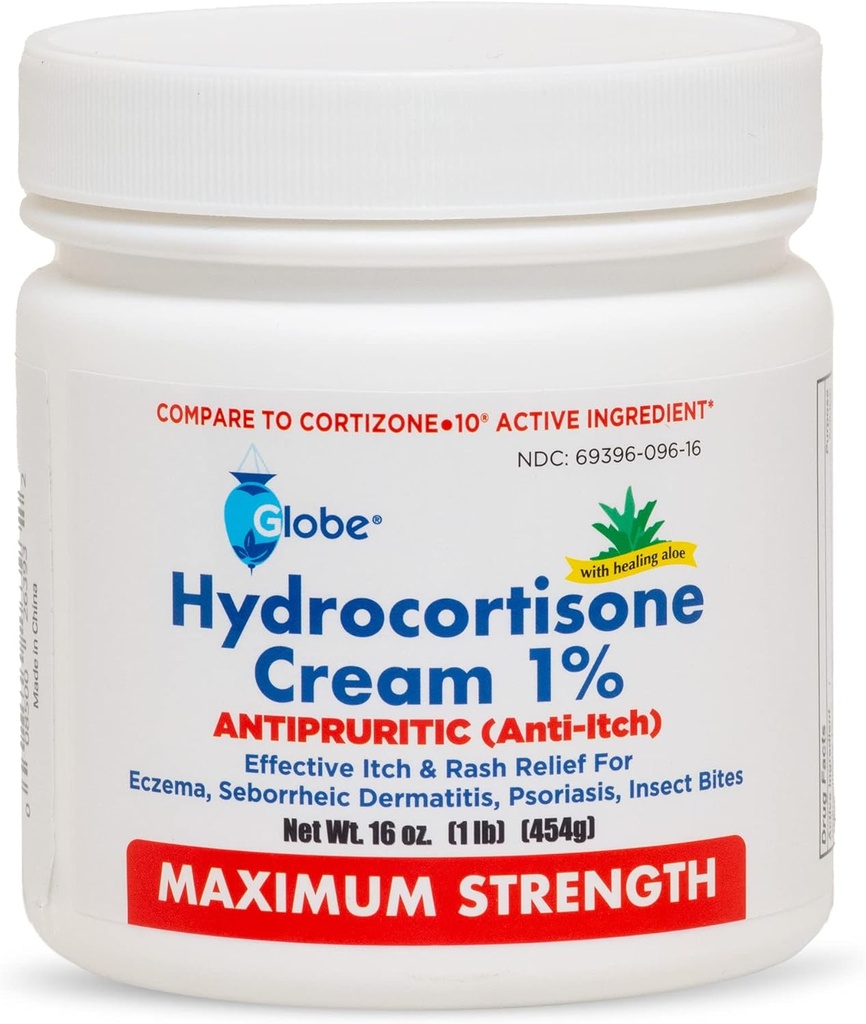 Globe Hydrocortisone Maximum Strength Cream 1% w/Aloe, 16 oz, Anti-Itch Cream for Redness, Swelling, Iching, Rash, Bug/Mosquito Bites, Eczema, Αιμορροΐδες & More, 16 oz Jar