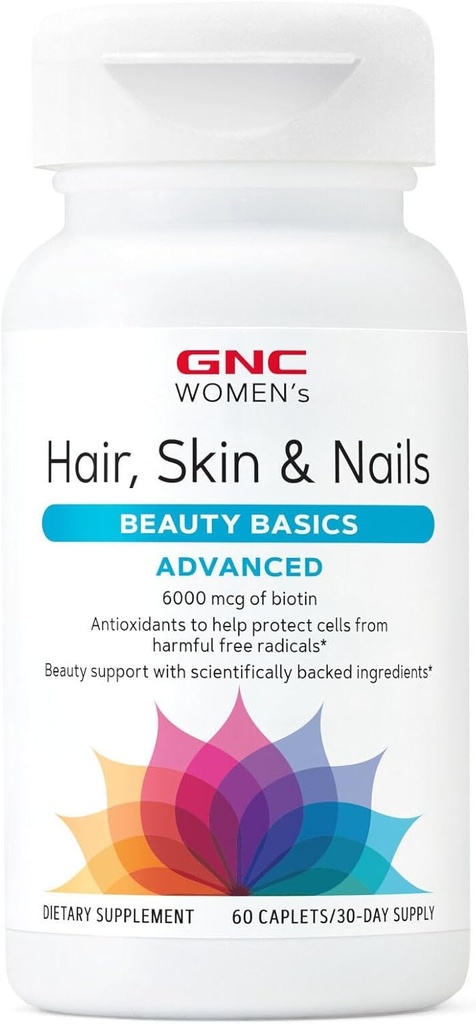 GNC Γυναικεία Advanced Hair, Skin & Nails Καθημερινή Πολυβιταμίνη Μείγμα για τις γυναίκες, Κλινικά Σπουδασμένη Υποστήριξη Ομορφιάς που περιέχει βιοτίνη, υαλουρονικό οξύ, κολλαγόνο, λουτεΐνη, 60 Caplets