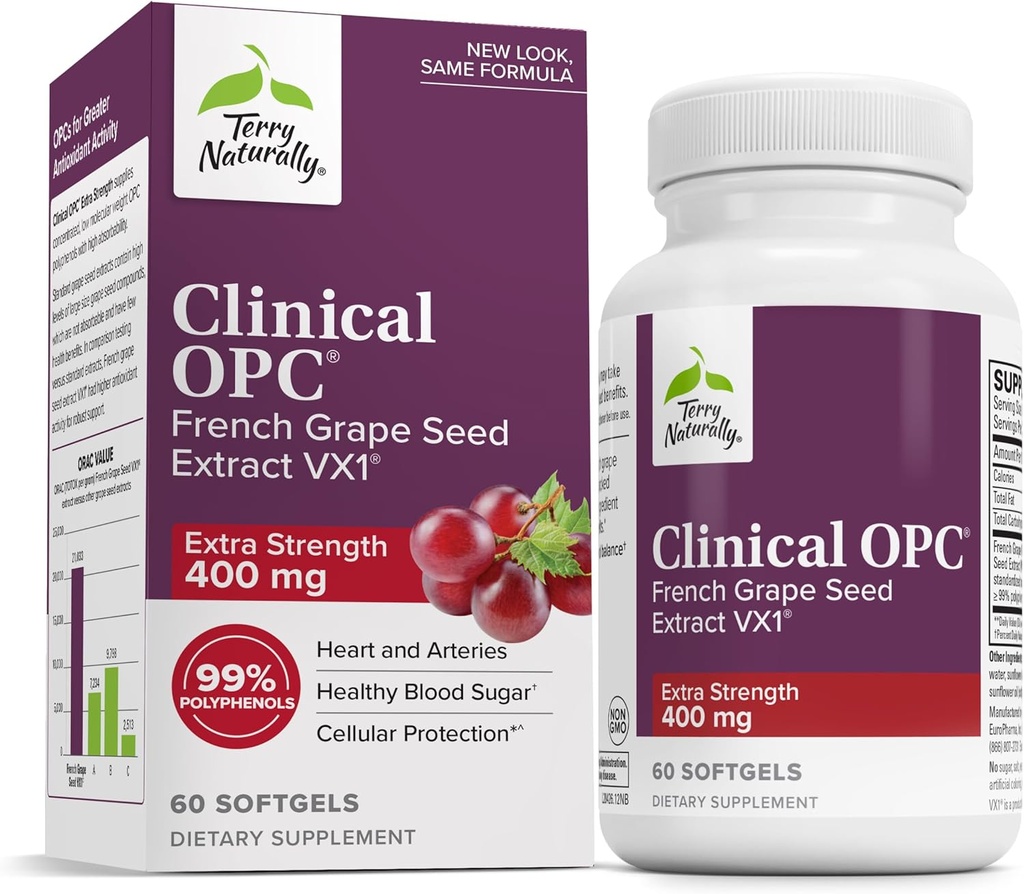 Terry Naturally Clinical OPC Extra Strength - Cardiovascular Health & Focus Support - Supplement with Grape Seed Extract - Immune Support Supplement - 60 Softgels