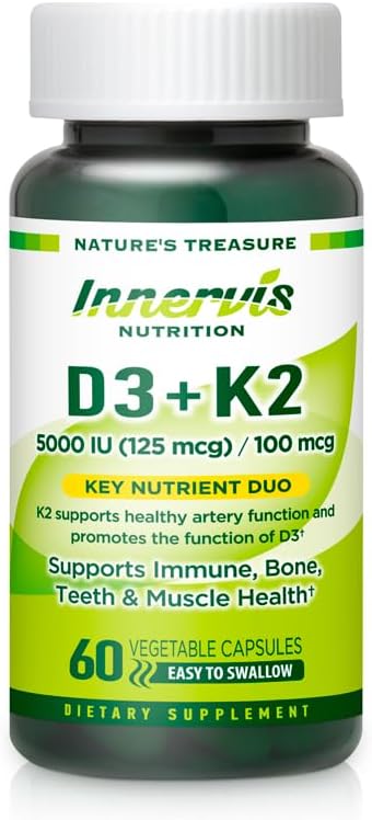 Βιταμίνη D3 5000 IU + K2 MK-7 100mcg – Οστική, καρδιακή και ανοσοποιητική υποστήριξη, εύκολο να καταπιούν, 60 κάψουλες