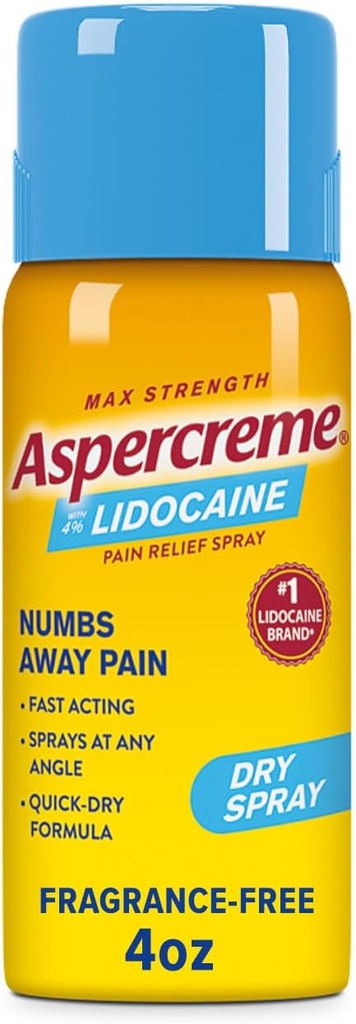 Aspercreme Lidocarene Dry Spray Soothes Aggravated Nerves, Numbing Topical Pain Relief Spray με Max-Stength 4% Lidocain Sprays σε κάθε γωνία, 4 Oz.