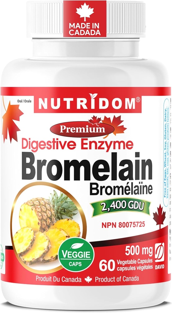 Nutridom Bromelain Digestive Enzyme Pineapple Supplements, 2400 GDU, 500mg, Non-GMO, Vegan, Free of Glutten, Soy & Dairy (60 Count)