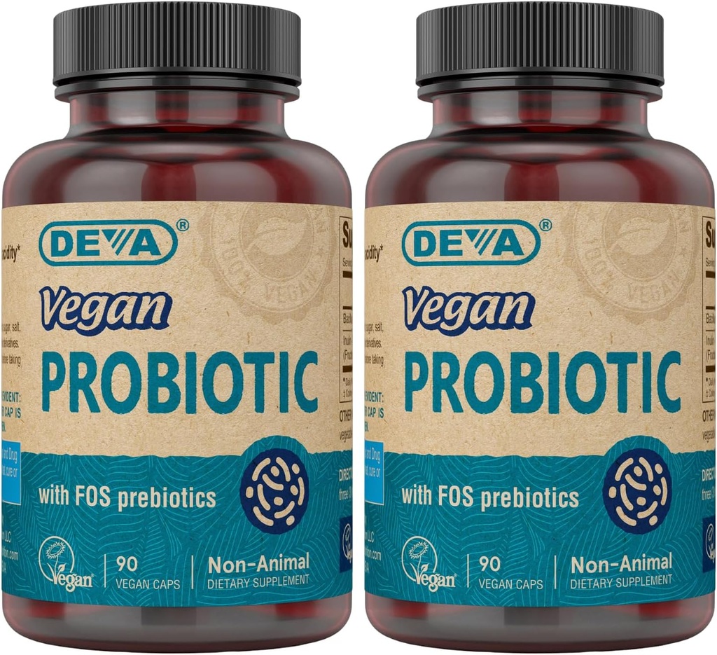 DEVA Vegan Probiotic with FOS Prebiotics Supplement - 2 δισεκατομμύρια CFU με 100 MG Prebiotics Per Serving για Άνδρες & Γυναίκες - Μη-Dairy Χωρίς Γλουτένη - Φυσικά Ράφι Σταθερό - 90 κάψουλες (Pack of 2)