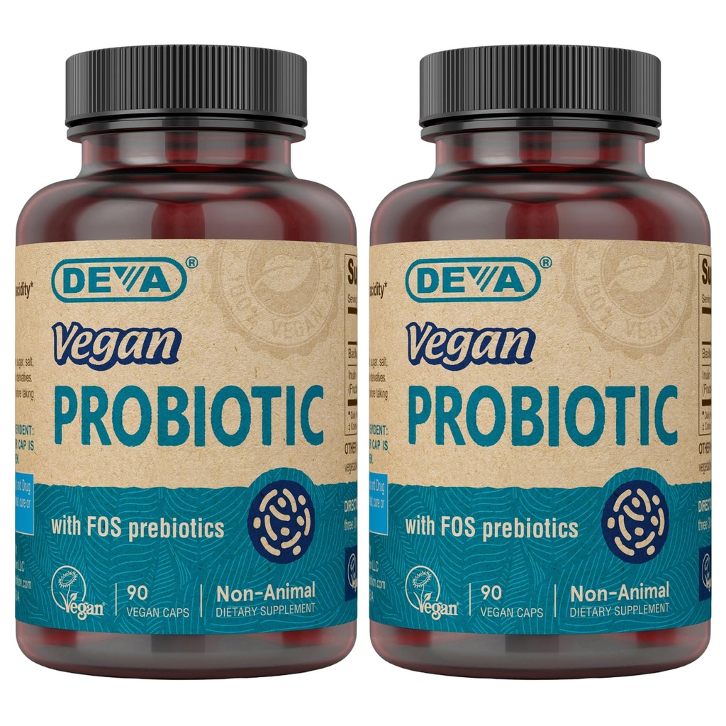 DEVA Vegan Probiotic with FOS Prebiotics Supplement - 2 δισεκατομμύρια CFU με 100 MG Prebiotics Per Serving για Άνδρες & Γυναίκες - Μη-Dairy Χωρίς Γλουτένη - Φυσικά Ράφι Σταθερό - 90 κάψουλες (Pack of 2)