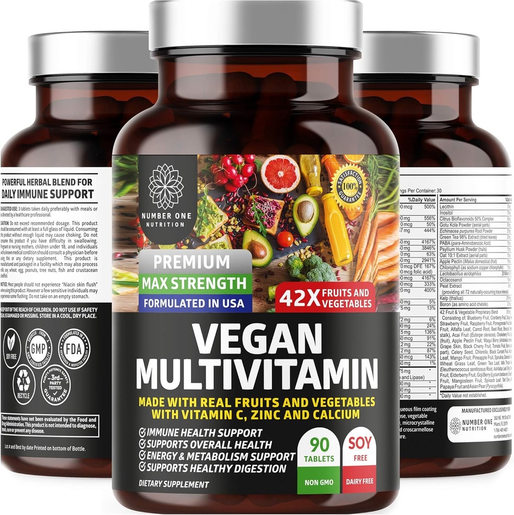 N1N Premium Plant Based Multivitamin [42 Ισχυρά Συστατικά] Άνδρες & Γυναίκες Καθημερινή Πολυβιταμίνες με Ακατέργαστα Βεγγία και Φρούτα, Προβιοτικά, Alfalfa, Echinacea, Spirulina και Digestive Ένζυμα, 90 δισκία