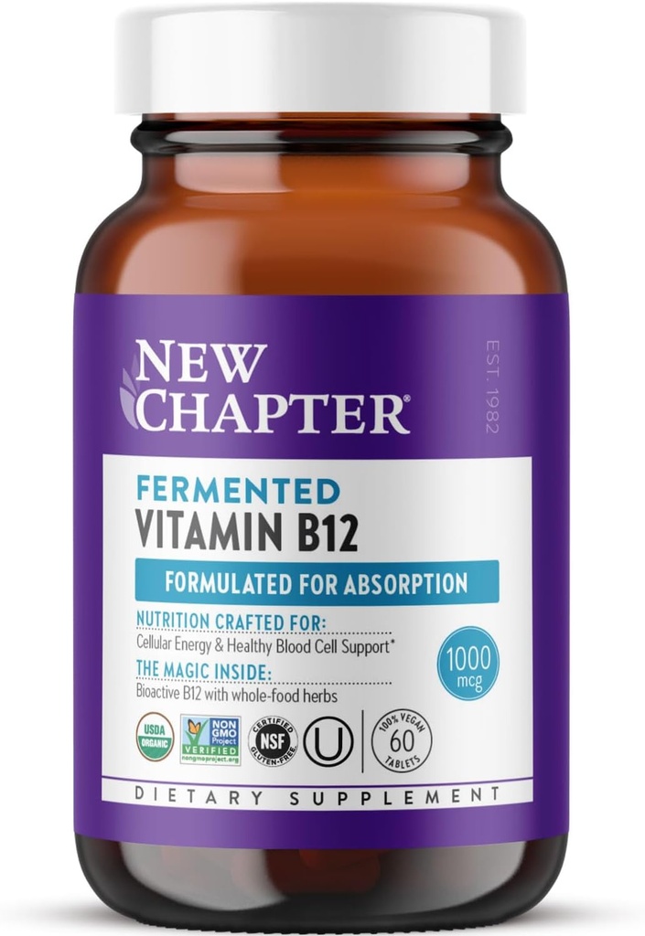 Νέο Κεφάλαιο Ζυμωμένη Βιταμίνη B12 1.000 mcg, USDA Organic, ONE Daily for Cellular Energy + Healthy Blood Cells, Certified Vegan, Gluten Free - 60 Count
