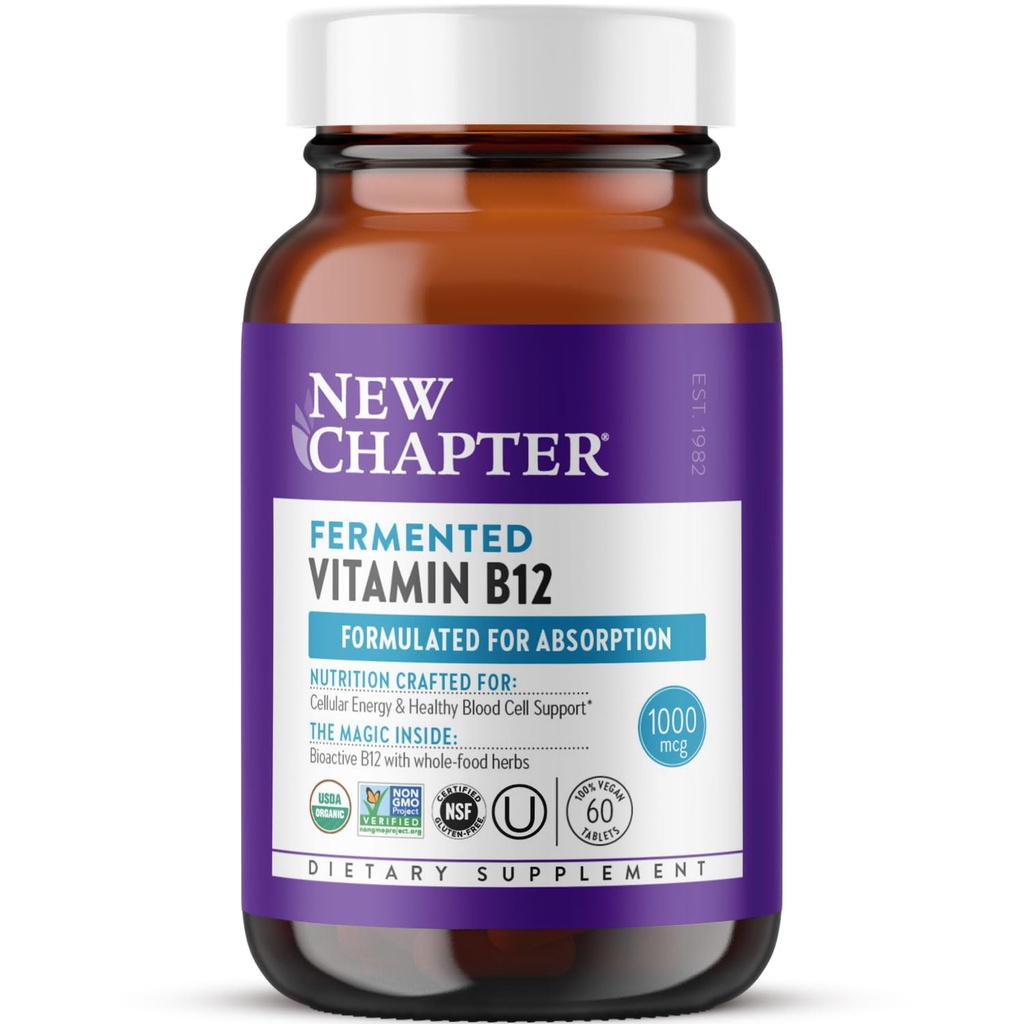 New Chapter Fermented Vitamin B12 1,000 mcg, USDA Organic, ONE Daily for Cellular Energy + Healthy Blood Cells, Certified Vegan, Gluten Free - 60 Count