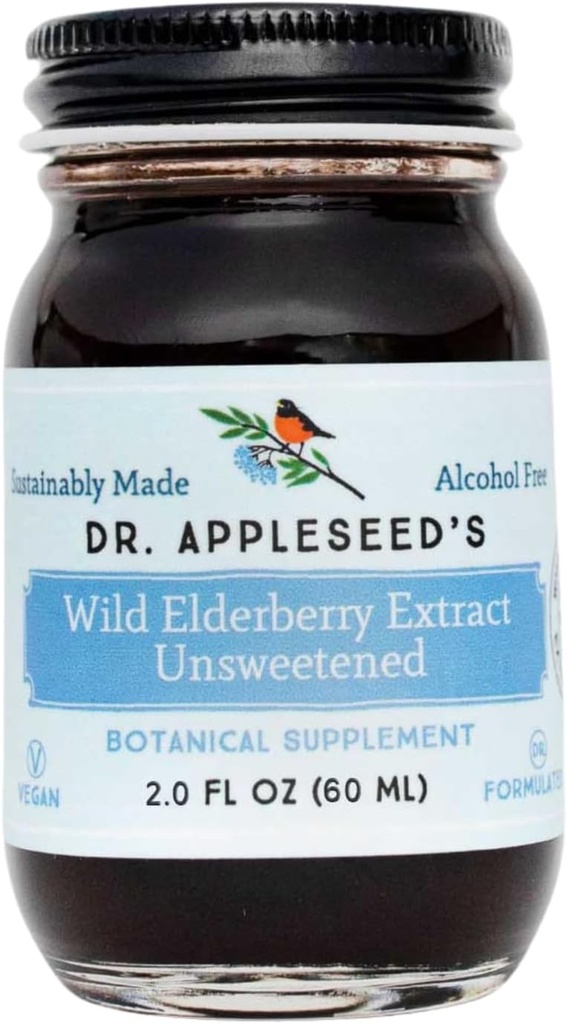 Εκχύλισμα Wild Elderberry του Δρ. Appleseed Unsweeted Max Strength 720mg Παιδιά + Ενήλικες ημερήσιο συμπλήρωμα ανοσοποιητικού Γιατρός-μορφοποιημένη επιστήμη-backed Pure Vegan 25 Ημέρα προσφοράς – 2 fl Oz