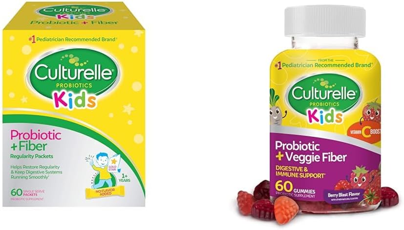 Culturelle Kids Probiotic + Fiber Packets 60 Count & Daily Probiotic Gummies 60 Count - Digestive & Immune Health