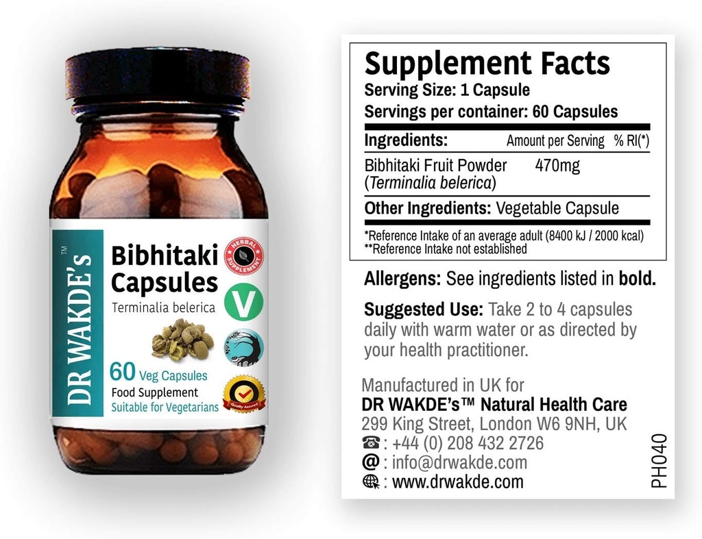 DR WAKDE'S Bibhitaki Κάψουλες (Beheda, Terminalia belerica, 60 Veg Caps, Plant-based Supplement, Ayurvedic Herb, All Natural, Vegan)