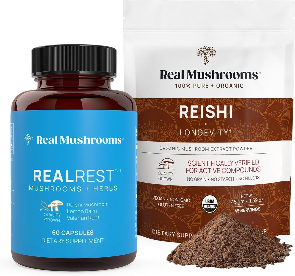Real Mushrooms RealRest (60ct) Κάψουλες και Reishi Mushroom Powder (45 σέρβις) Bundle - Mushroom Supplement for Longevity, Daily Immune Support, βελτιωμένο ύπνο και χαλάρωση - Vegan, Non-GMO