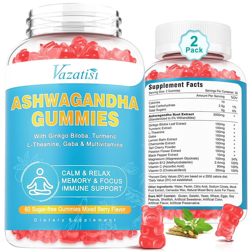 2 Πακέτο Ashwagandha Gummies με Turmeric GABA Mood Ενέργεια και ανοσοποιητική υποστήριξη, μικτή γεύση μούρου 120 κοχ