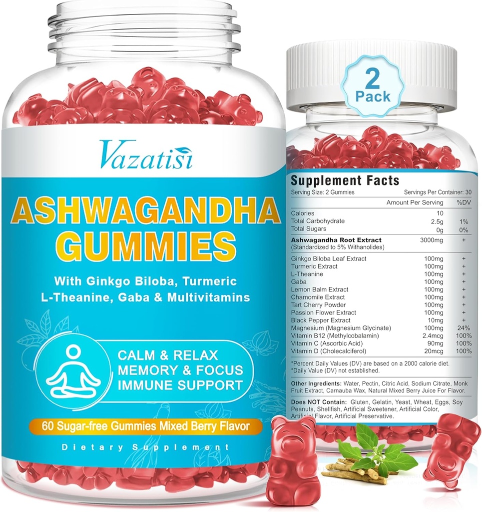 2 Πακέτο Ashwagandha Gummies με Turmeric GABA Mood Ενέργεια και ανοσοποιητική υποστήριξη, μικτή γεύση μούρου 120 κοχ