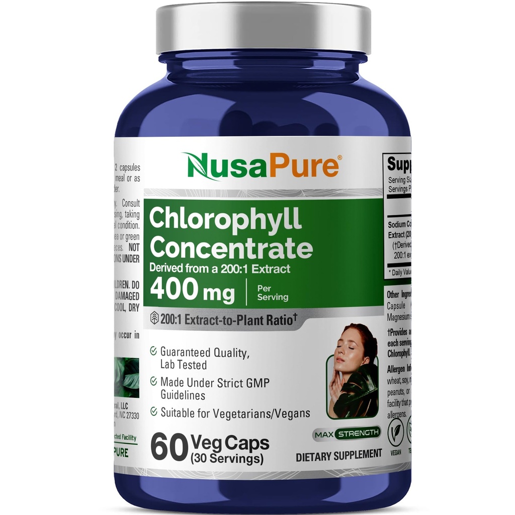 NusaPure Chlorophyll 200:1 Extract, 400 mg Ισοδύναμο με 80.000 mg 60 Veggie Caps (Ισοδύναμο 80000mg ανά Σερβίρισμα, μη ΓΤΟ, Vegan) Νάτριο Chlorophyllin
