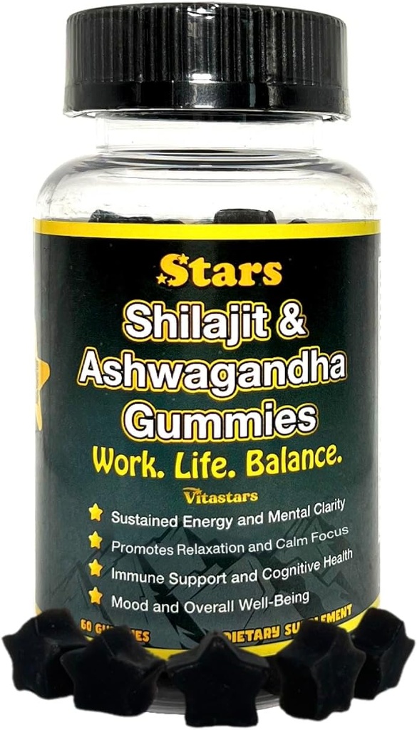 Shilajit Ashwagandha Gummies - συμπλήρωμα υποστήριξης του ανοσοποιητικού με Pure Shilajit Resin - Organic Ashwagandha Gummy για το άγχος, την ενέργεια και την ευεξία, 60 φυσικό αστέρι-σχίσιμο Gummies