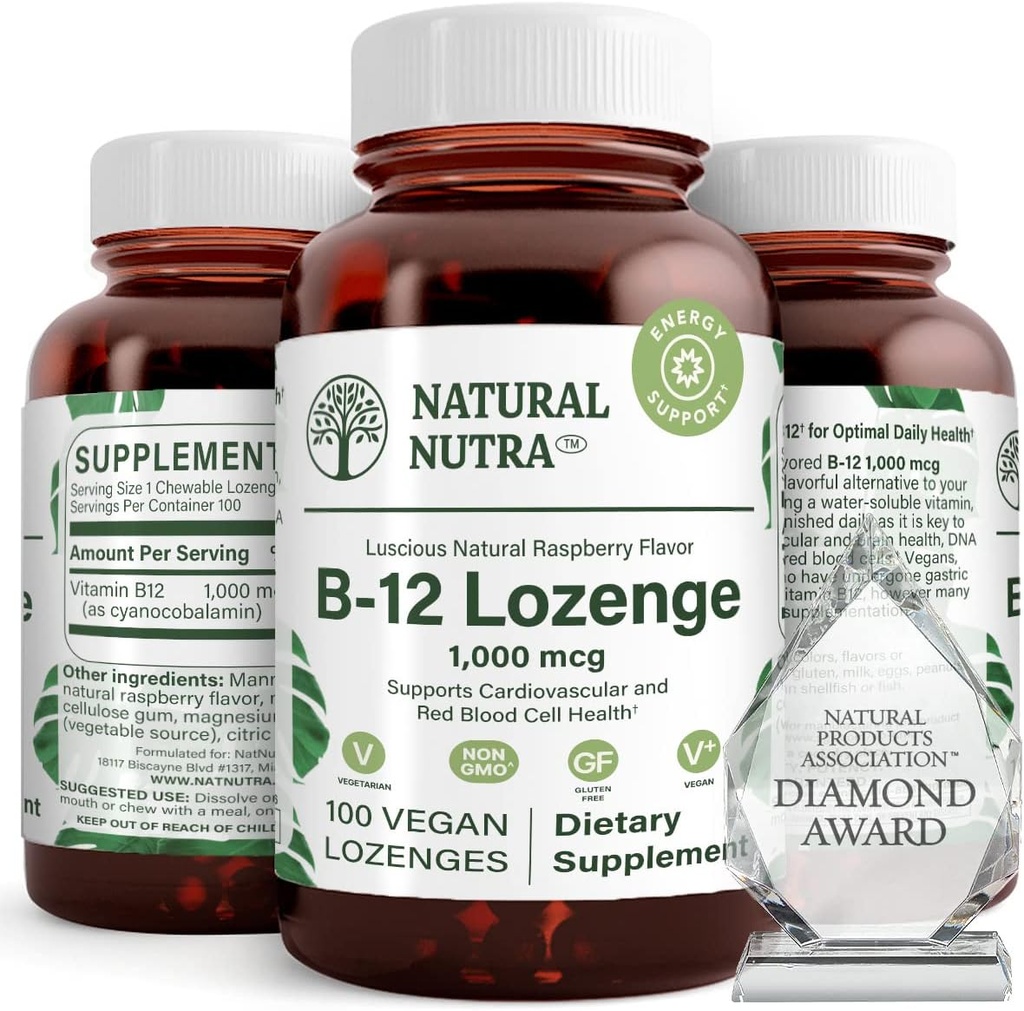 Natural Nutra Vitamin B12 συμπλήρωμα, Βοηθά στην αύξηση των επιπέδων ενέργειας, Απαραίτητο για το υγιές νευρικό σύστημα, βοηθά στη βελτίωση της διάθεσης & ψυχική υγεία, υποστηρίζει το καρδιοαγγειακό σύστημα, 100 Lozenges