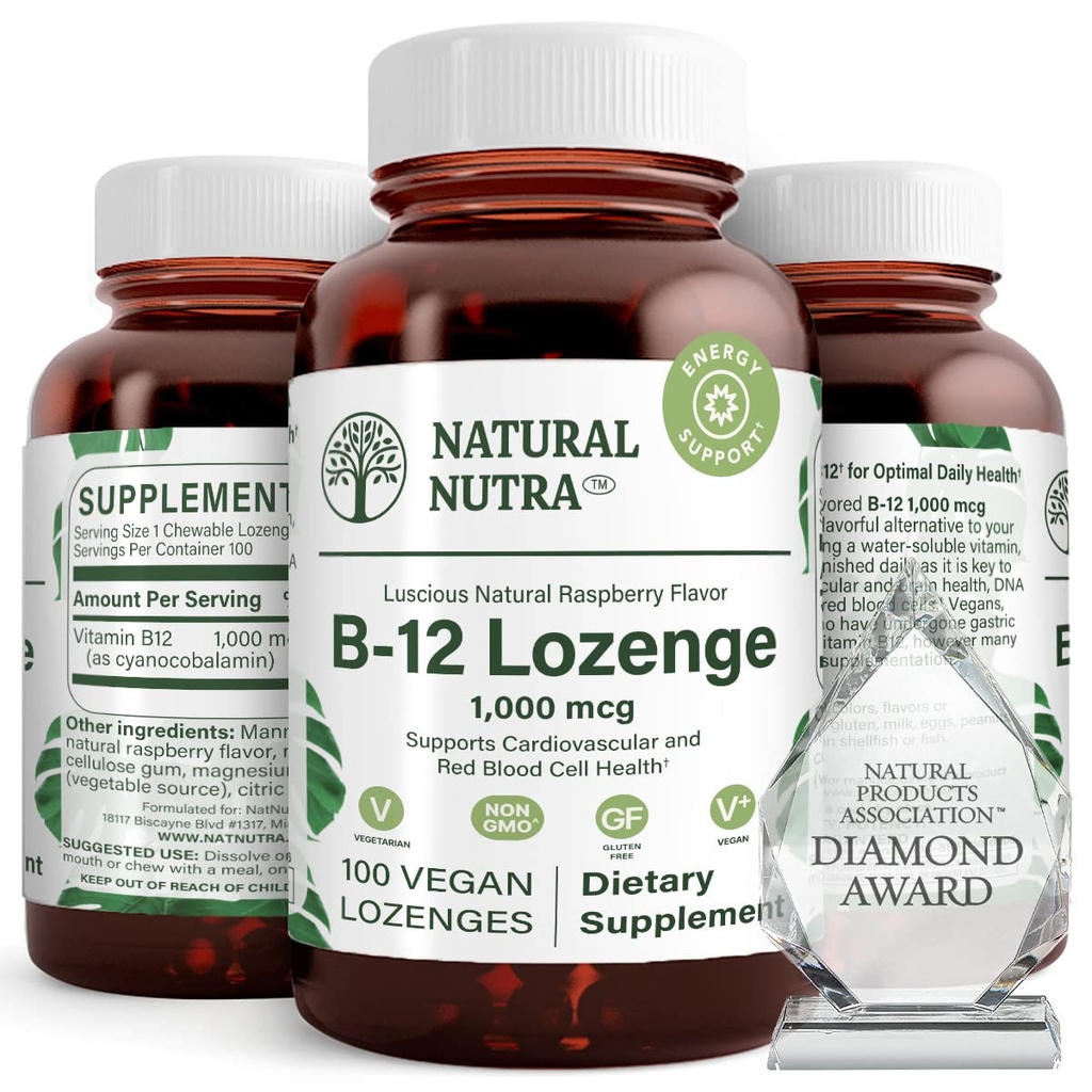 Natural Nutra Vitamin B12 συμπλήρωμα, Βοηθά στην αύξηση των επιπέδων ενέργειας, Απαραίτητο για το υγιές νευρικό σύστημα, βοηθά στη βελτίωση της διάθεσης & ψυχική υγεία, υποστηρίζει το καρδιοαγγειακό σύστημα, 100 Lozenges