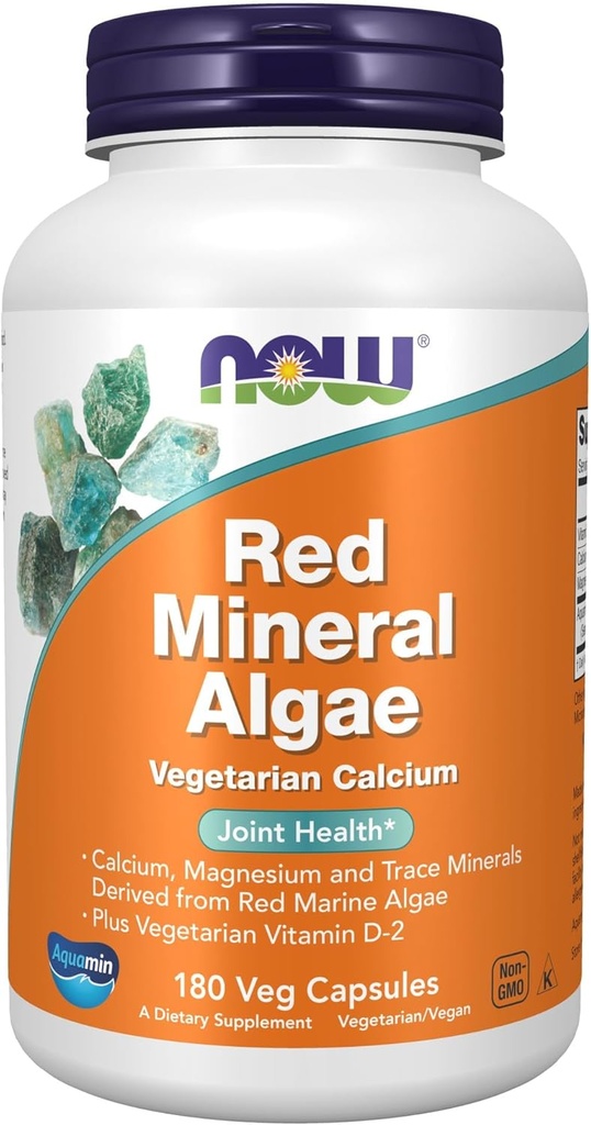 NOW Συμπληρώματα τροφίμων, Red Mineral Algae Plus Βιταμίνη D-2, Κοινή Υγεία*, 180 κάψουλες Veg