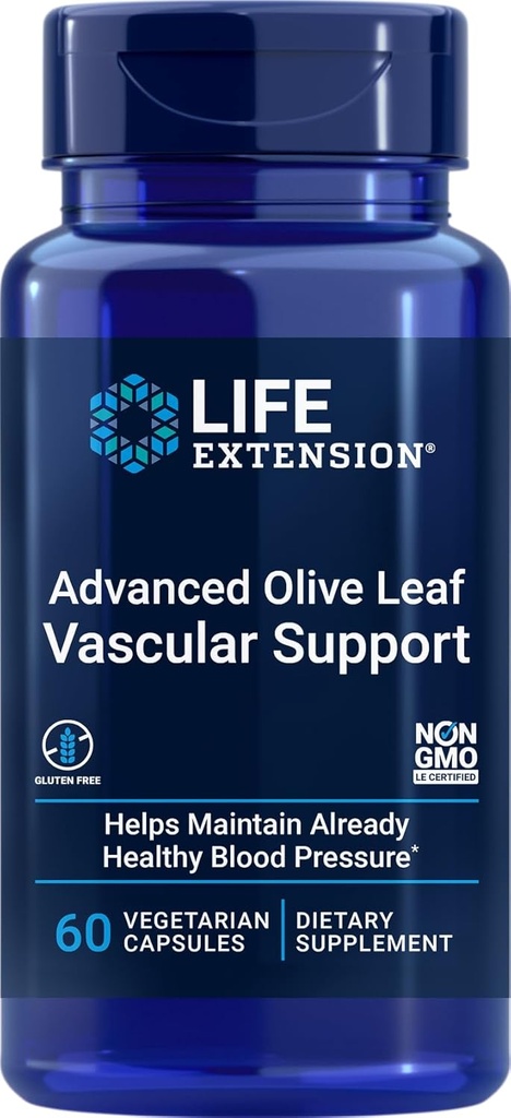 Life Extension Advanced Olive Leaf Vascular Support, Olive Extract, Celery Extract, oleuropein, Blood Pressure Health Support, Cardiovascular Health, Vegetarian, Gluten-Free, Non-GMO, 60 Capsules