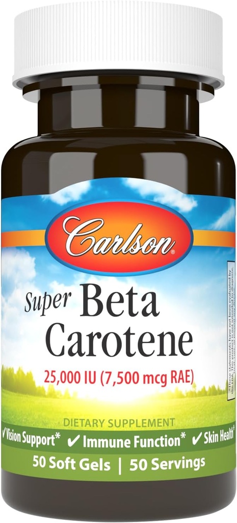Carlson - Super Beta Carotene, 25000 IU (15 mg), Βιταμίνη Α ως Beta Carotene, Βιοδιαθέσιμη και Βιοενεργή μορφή, Όραμα Υγεία, Υγιεινό δέρμα, 50 Softgels