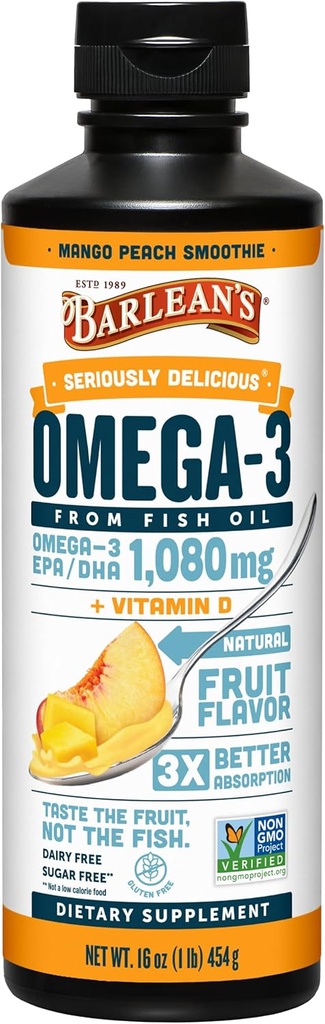 Συμπλήρωμα Omega 3 ιχθυελαίου Barlean με βιταμίνη D για άνδρες και γυναίκες, Mango Peach, 1080mg EPA και DHA λιπαρά οξέα, 16 oz