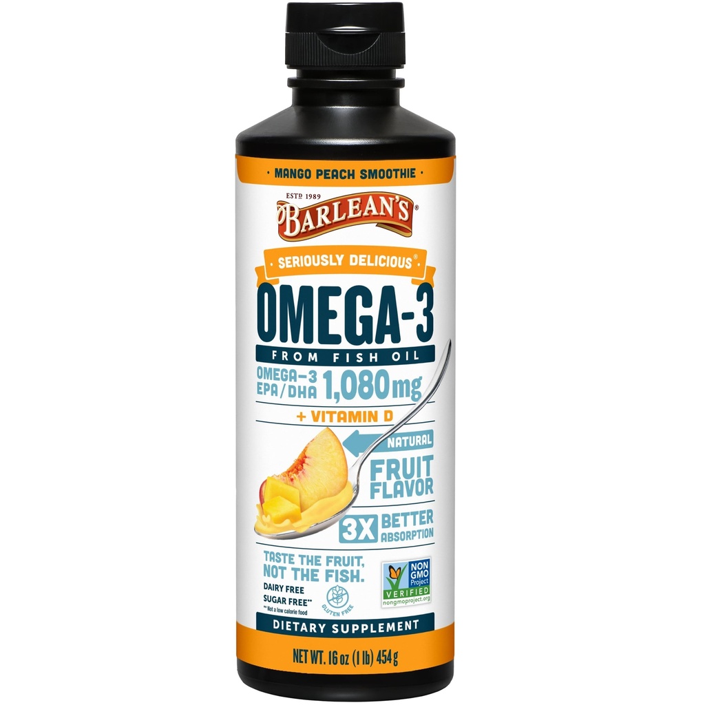 Barlean Omega 3 Fish Oil Liquid Supplement with Vitamin D for Men and Women, 1080mg EPA and DHA Faty Acid, Προάγει την υγεία του εγκεφάλου και της καρδιάς - Non-GMO, Mango Peach, 16 oz