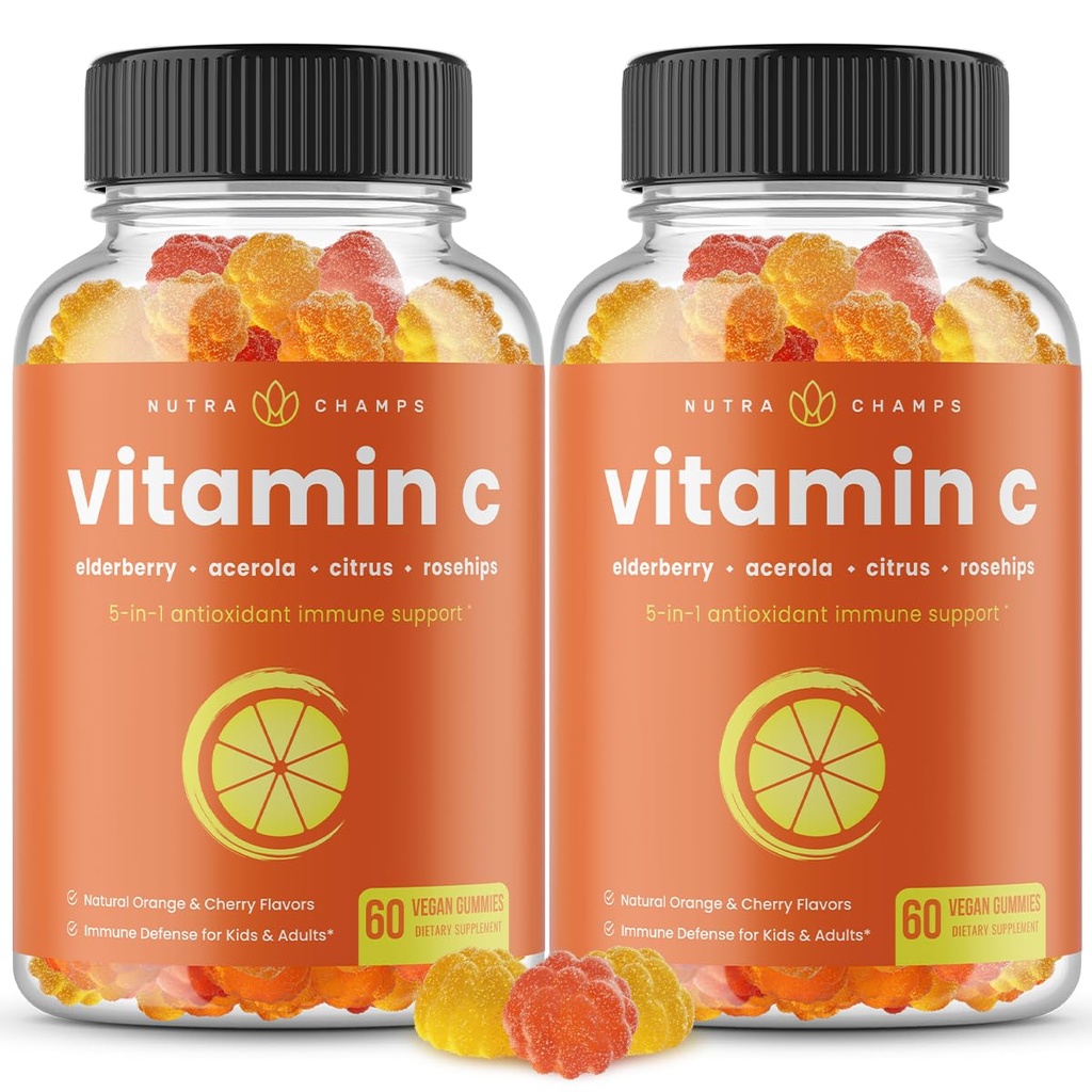 NutraChamps Βιταμίνη C Gummies για Ενήλικες & Παιδιά, 5-σε-1 Υποστήριξη ανοσοποιητικού συστήματος με Elderberry, Rosehips, Εσπεριδοειδή Bioflavonoids & Acerola Cherry, Συμπλήρωμα Αναμνηστικής Ανοσίας (πακέτο του 2)