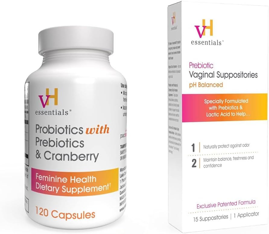 vH απαραίτητα Προβιοτικά με προβιοτικά και Cranberry Feminine συμπλήρωμα υγείας - 120 κάψουλες (544-36) & Prebiotic PH Ισορροπημένα κολπικά υποθετικάBox, αρχική έκδοση, 15 κόμης