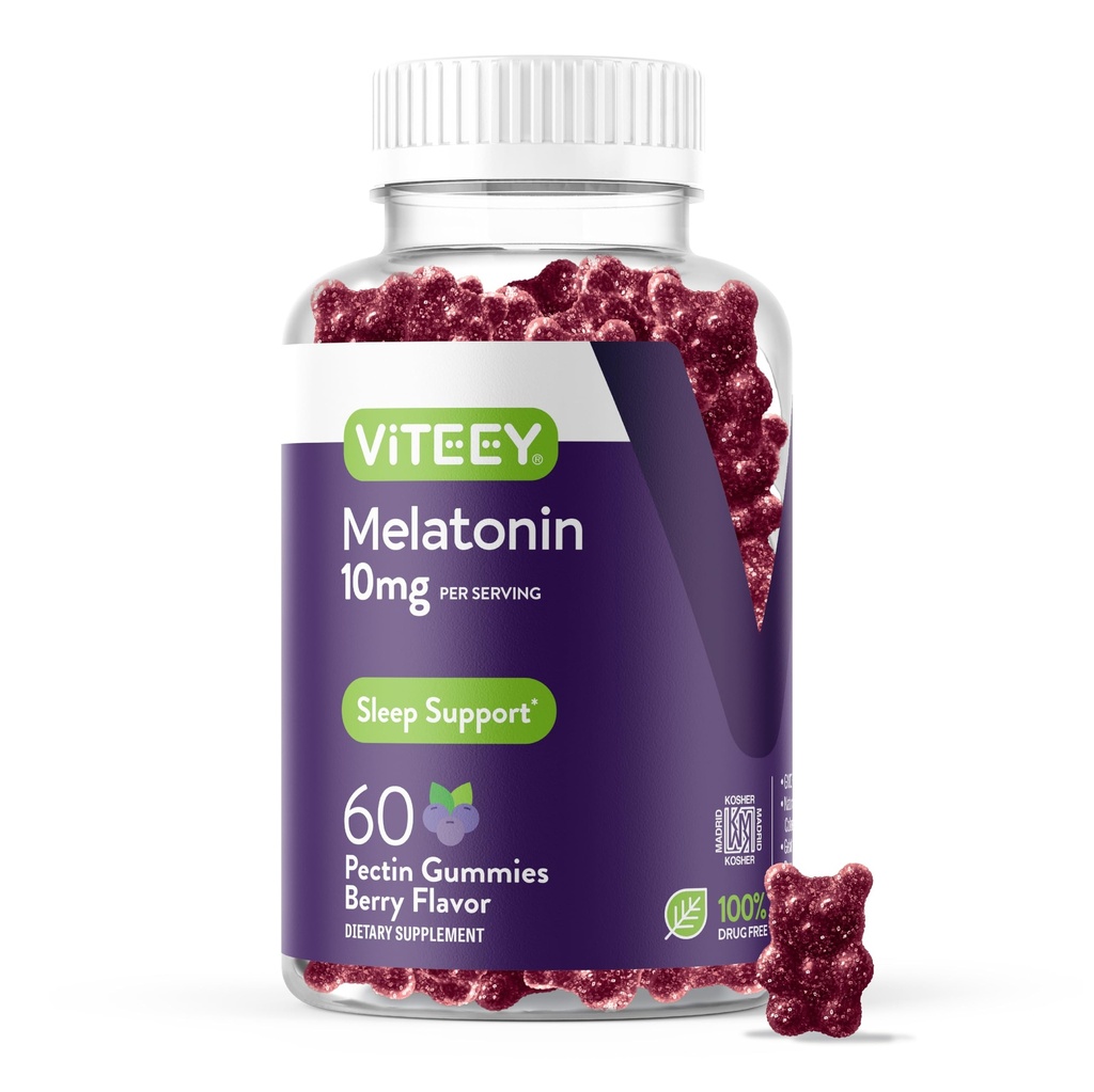 Viteey Melatonin Gummies 10mg - Gummies ύπνου για ενήλικες Επιπλέον δύναμη Μελατονίνη - Vegan, GMO δωρεάν, Χωρίς γλουτένη - 60 κόμης