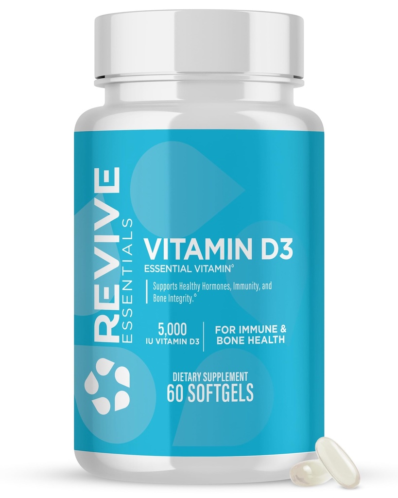 Revive MD Vitamin D3 Supplement, 5000 IU - Υψηλής ισχύος Χοληκαλσιφερόλη για Ανοσολογική Υποστήριξη, Απορρόφηση Ασβεστίου, Υγεία των Οστών και των Μυών - Συμπλήρωμα διατροφής μη ΓΤΟ με Χωρίς Γέμισμα - 60 Softgels