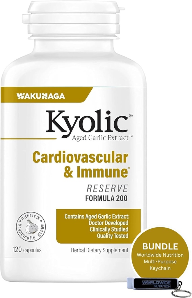 Worldwide Nutrition Bundle Compatible with Kyolic Aged Garlic Extract, Cardiovascular & Immune - Reserve Formula 200, Kyolc Aged Garlic Extract Capsules 120 Count and Multi-Purpose Key Chain