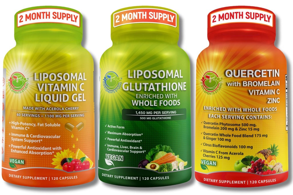 Liposomal Vitamin C 1100mg Liquid Gel Κάψουλες - Δέσιμο με - Liposomal Glutathionone 500mg Συμπλήρωμα, Master Antioxidant & Detoxifier & Quercetin με Bromelain Vitamin C και ψευδάργυρο