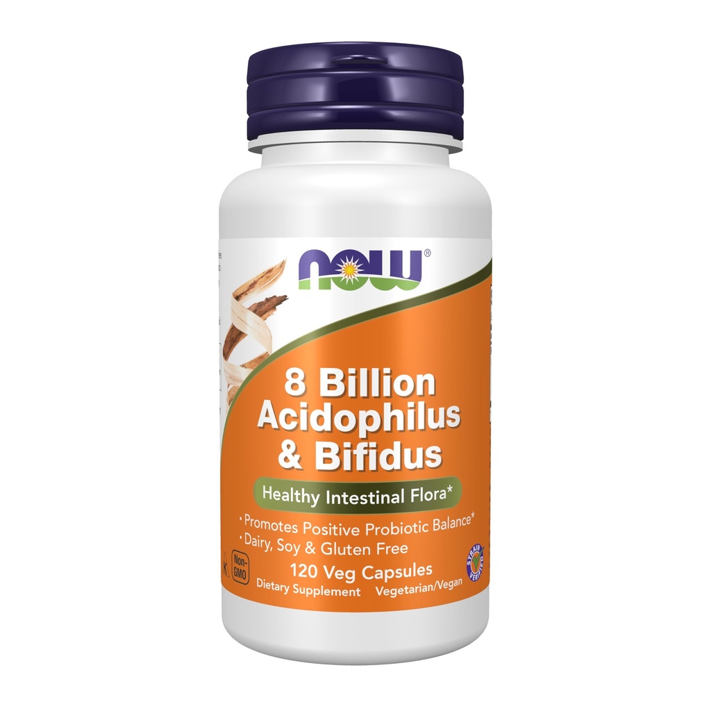 NOW Συμπληρώματα τροφίμων, 8 δισ. Acidophilus & Bifidus, γαλακτοκομικά, σόγια και χωρίς γλουτένη, Striin Επαληθευμένο, 120 κάψουλες Veg