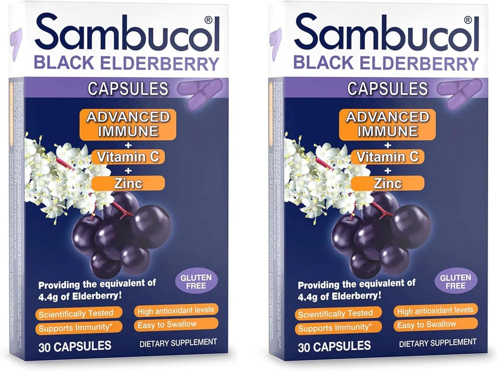 Sambucol Κάψουλες Black Elderberry - Προηγμένη ανοσοποιητική, βιταμίνη C και ψευδάργυρος, κάψουλες Elderberry, ανοσοποιητική υποστήριξη, Black Elderberry Συμπληρώματα, Χωρίς γλουτένη, εύκολο να καταπιούν κάψουλες - 30 Count, 2-Pack