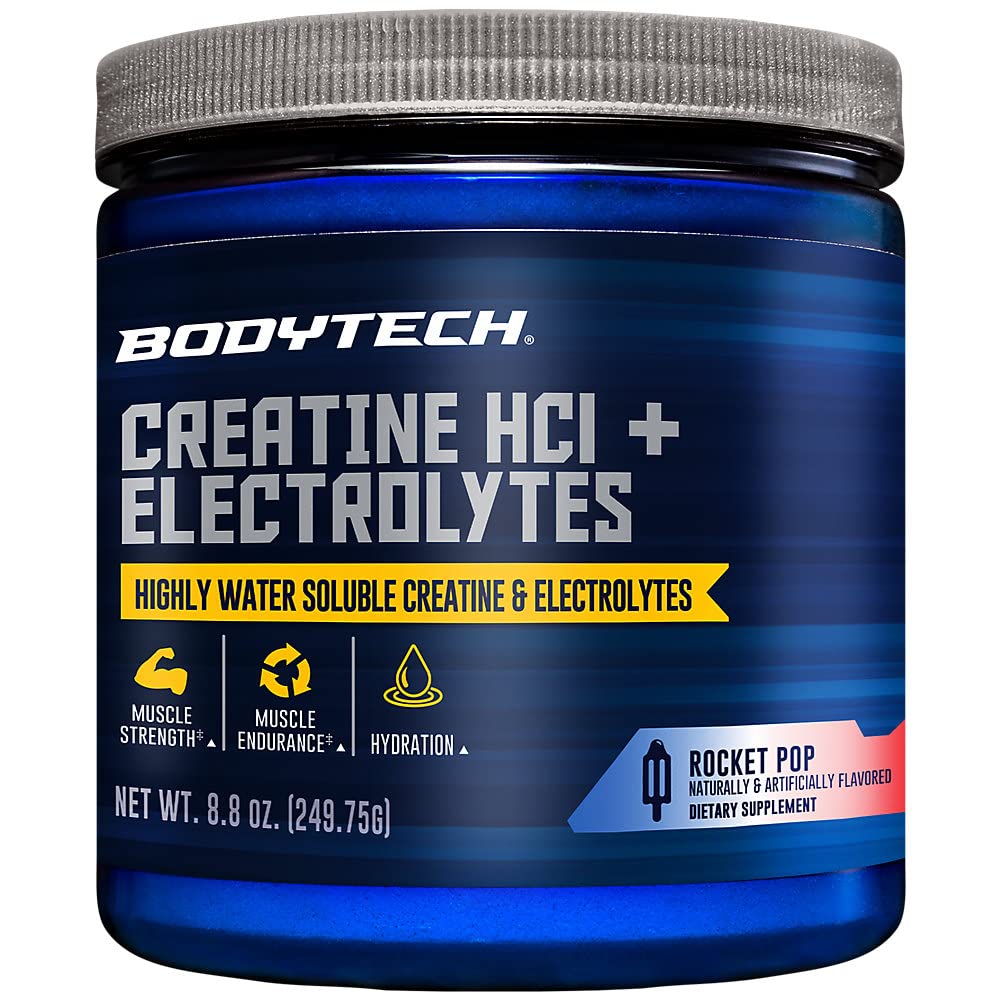 BodyTech Creatine HCl + Electrolytes Powder, Highly Water-Soluble Creatine with Electrolyte Minerals, Supports Hydration and Performance, Rocket Pop Flavor, 8.8 oz, 75 Servings