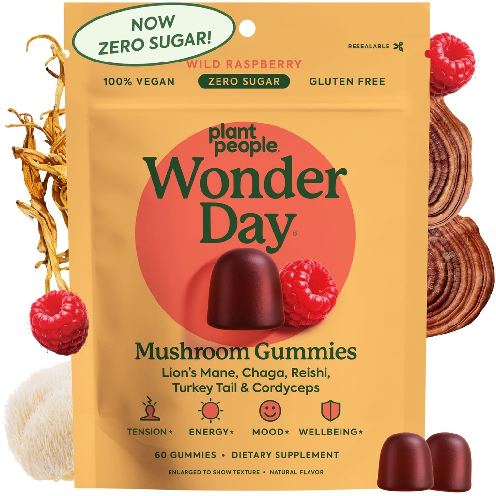Οι άνθρωποι των φυτών WonderDay Mushroom Gummies - Lion's Mane, Cordyceps, Chaga Mushroom συμπλήρωμα για την υποστήριξη του ανοσοποιητικού συστήματος De-Stress Boost Mood & Energy σε ενήλικες Φυσικό, Vegan, μη-GMO (60 Count)