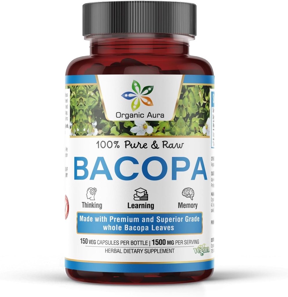 Οργανικές κάψουλες Aura BACOPA.150 κάψουλες Veg HPMC 1500mg ανά υπηρεσία. Βότανο συμπλήρωμα, ψυχική εγρήγορση, υποστήριξη ηρεμίας, μνήμης, γνωριμιών.