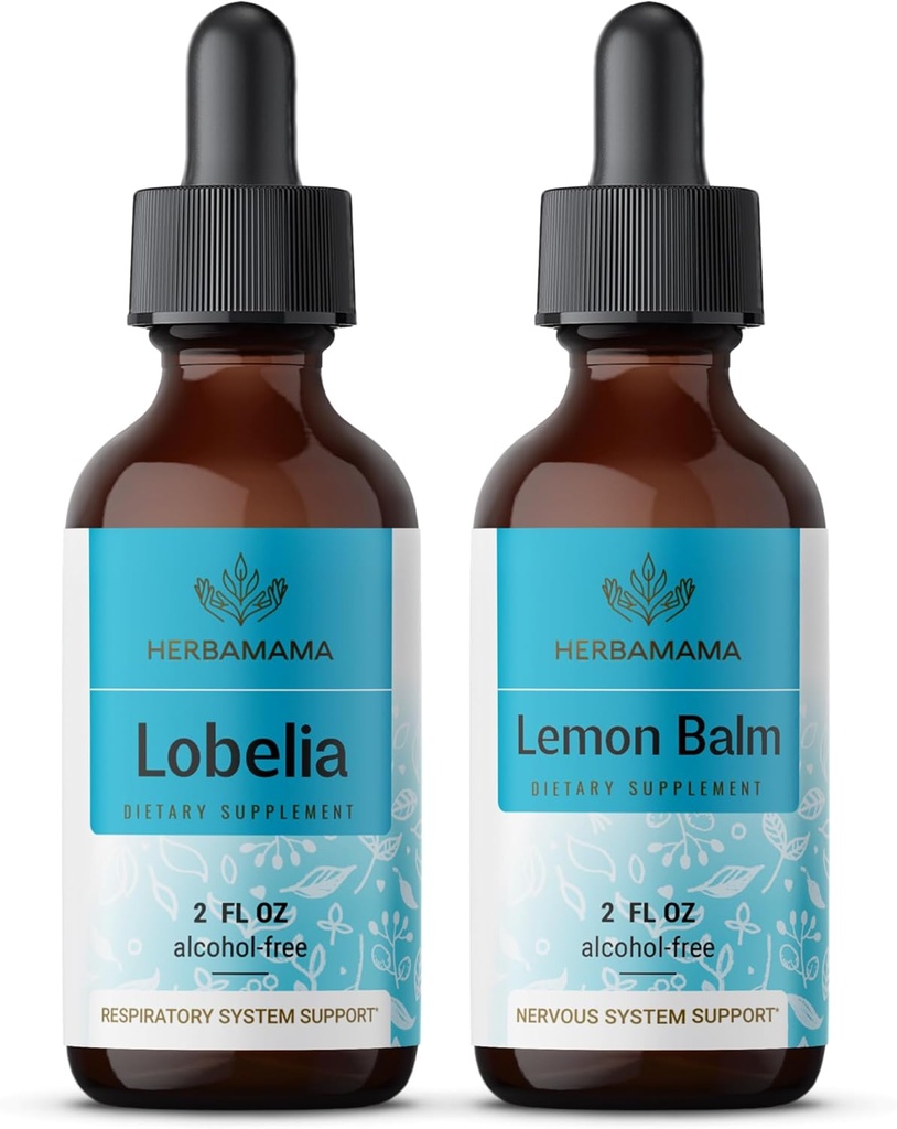 HERBAMA Herbal Liquid Drops Kit - Bundle of Lobelia Extract and Lemon Balm Tincture 2 fl oz - Vegan, Non-GMO, Sugar & Alcohol-Free - 2 Pack