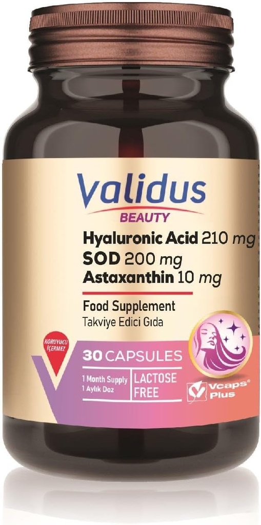 VALIDUS Υαλουρονικό Οξύ 210 mg + Ασταξανθίνη 10 mg 30 Καψάκια (Vcaps Plus)