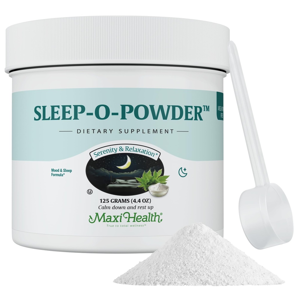 Maxi Health - Sleep Powder με Μαγνήσιο, Ινοσιτόλη & L-Tryptophan - Μη Μη Συνηθισμένη Μελατονίνη Σχηματίζοντας Βοήθεια Ύπνου - Εύκολη Μείξη Ποτού, Χαλαρωτικό Συμπληρώματα Ποτού Ύπνου για Bedtime, 4.4 Oz Sleep-O-Powder