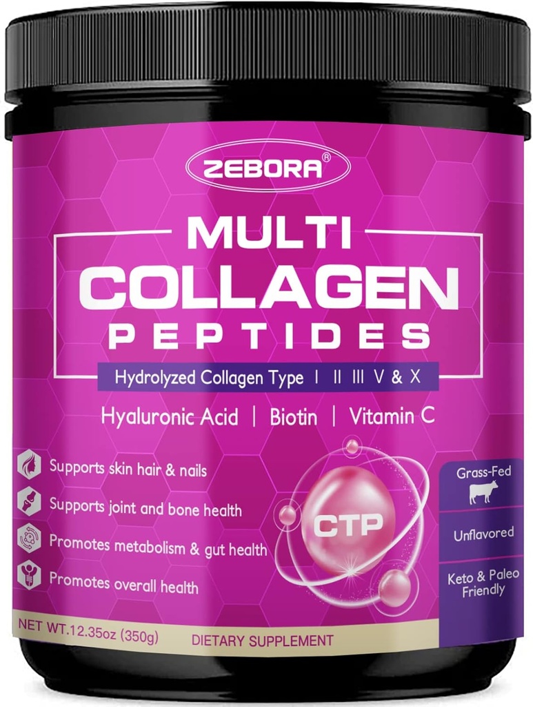 ZEBORA Multi Collagen Peptides σκόνη - Υδρολυμένο κολλαγόνο τύπου I II III V X με Υαλουρονικό οξύ, Βιοτίνη, Βιταμίνη C - Υποστήριξη Δερμάτινα Καρφιά αρθρώσεις, Μη ΓΤΟ, Αγεύση, Κετό Φιλικό