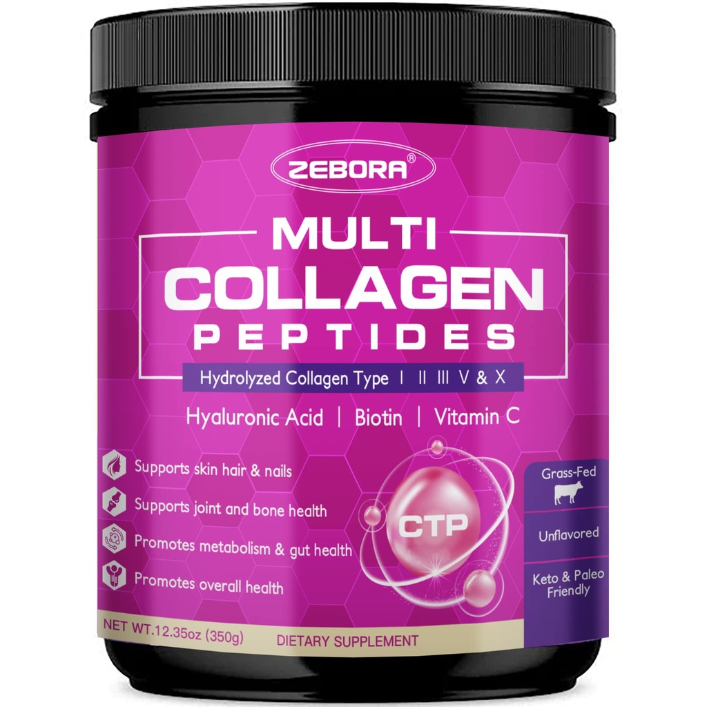 ZEBORA Multi Collagen Peptides σκόνη - Υδρολυμένο κολλαγόνο τύπου I II III V X με Υαλουρονικό οξύ, Βιοτίνη, Βιταμίνη C - Υποστήριξη Δερμάτινα Καρφιά αρθρώσεις, Μη ΓΤΟ, Αγεύση, Κετό Φιλικό